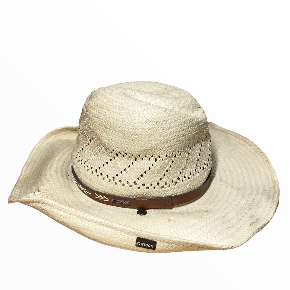 Rodeo Dr by Stetson Cowboy Straw Hat Big Brim Leather Cord Tan One Size